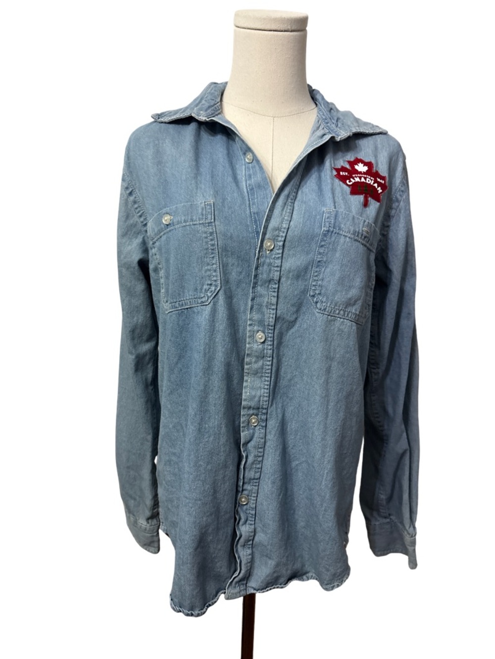 Light Blue Denim Button-Up Shirt with Maple Patch - size S